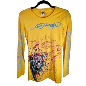 Ed Hardy by Christian Audigier Vintage Y2K Bling Skull Long Sleeve Graphic Shirt